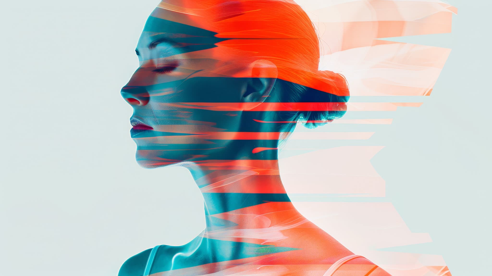 An abstract portrait layered with coral and blue movement