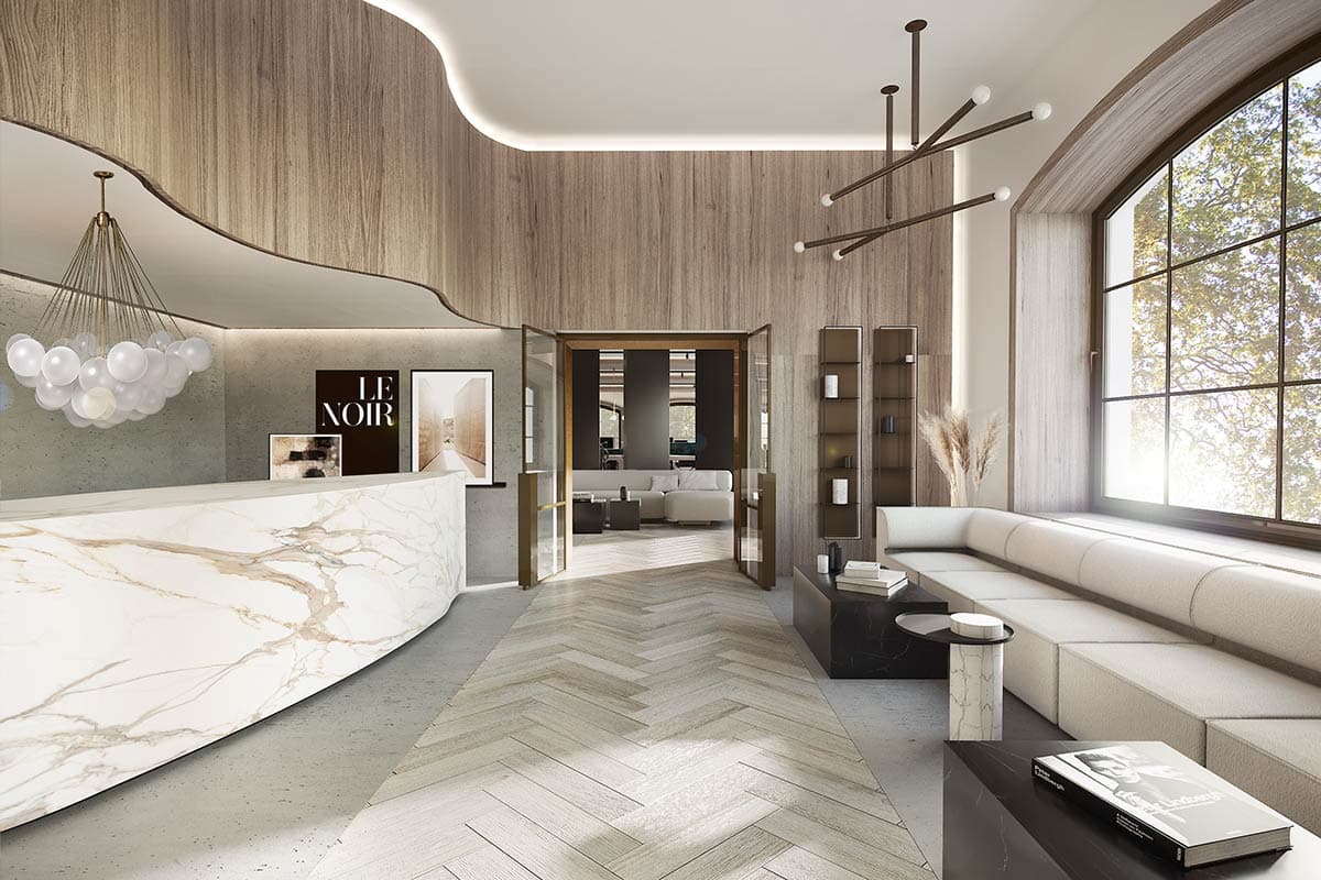 Interior design reference showing a bright, warm lobby with curved wood details and family seating